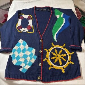 Vintage CHAUS SPORT Women's Navy Blue‎ Nautical Theme Cardigan Grandma Sweater L